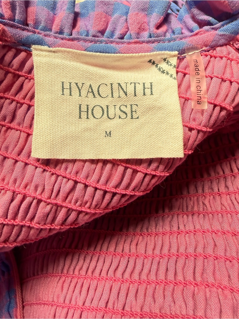 Hyacinth House Ruby Blouse Gingham Smocked Peplum Ruffle Blouse Blue Pink Size M - Picture 6 of 16